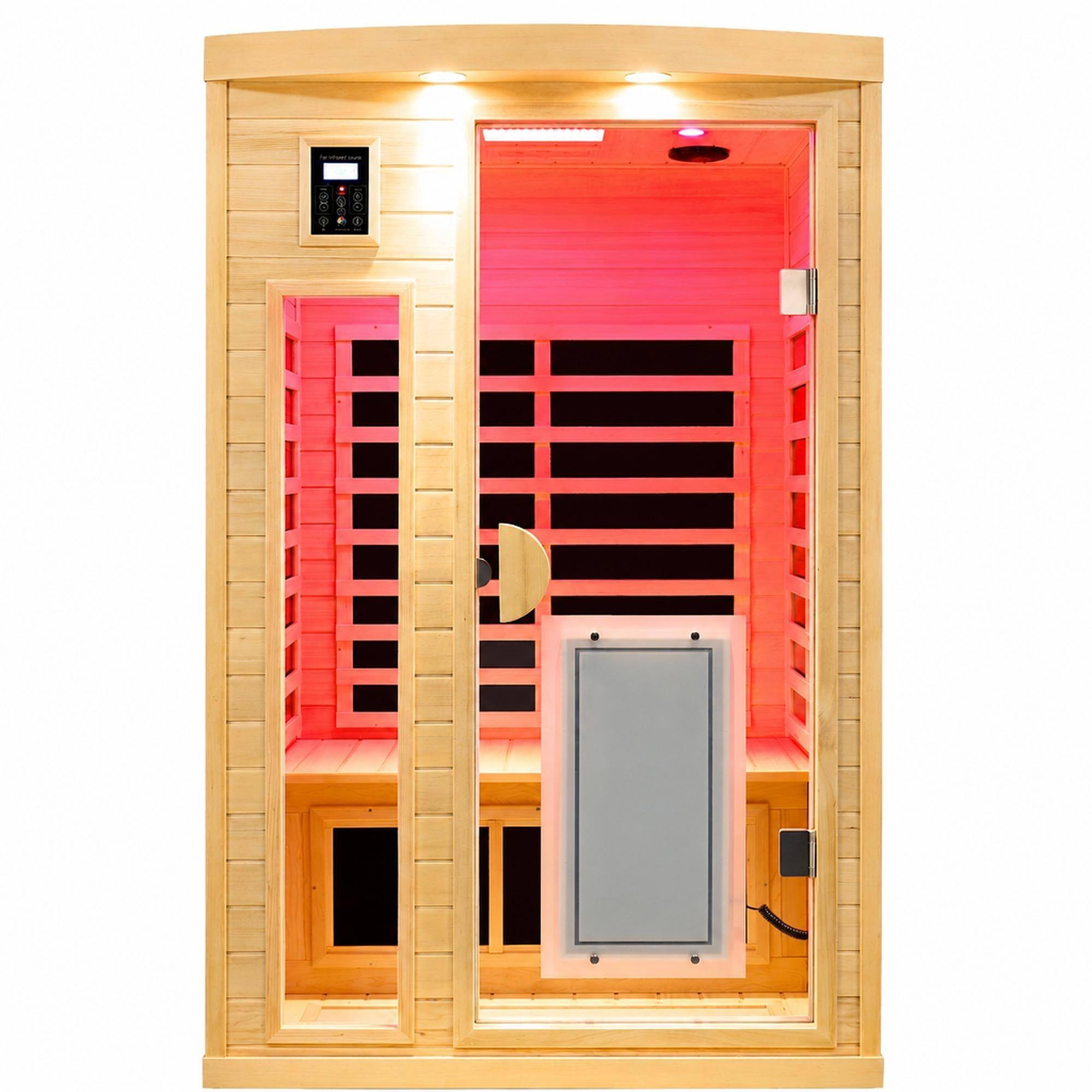Front. RYHNUYNE - Two-Person Hemlock Far-Infrared Sauna, Bluetooth, Reading Lights, Colored and External Lights, Dry Heat - Natural.