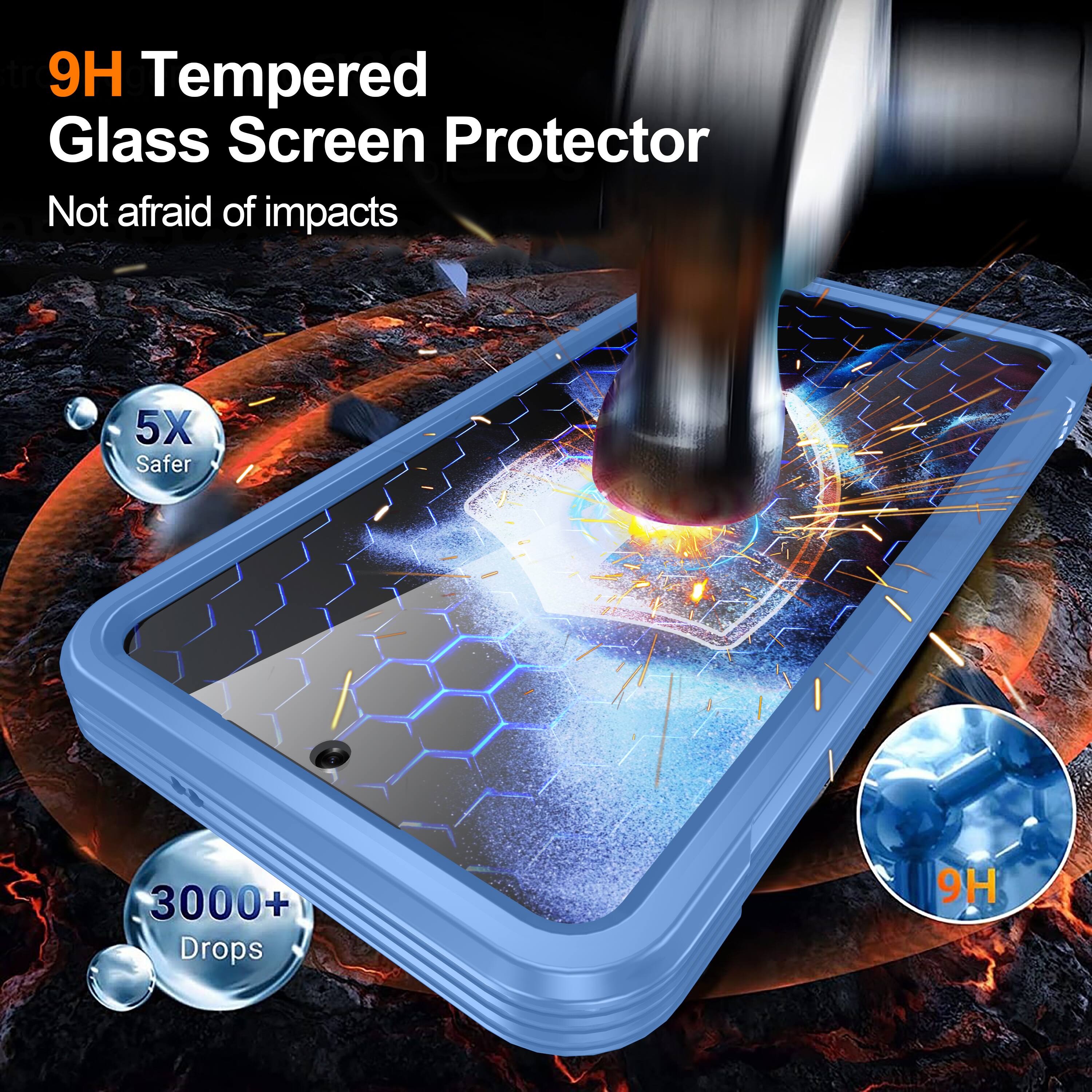 9H Tempered Glass Screen Protector  
Not afraid of impacts  
5X Safer  
3000+ Drops  
9H