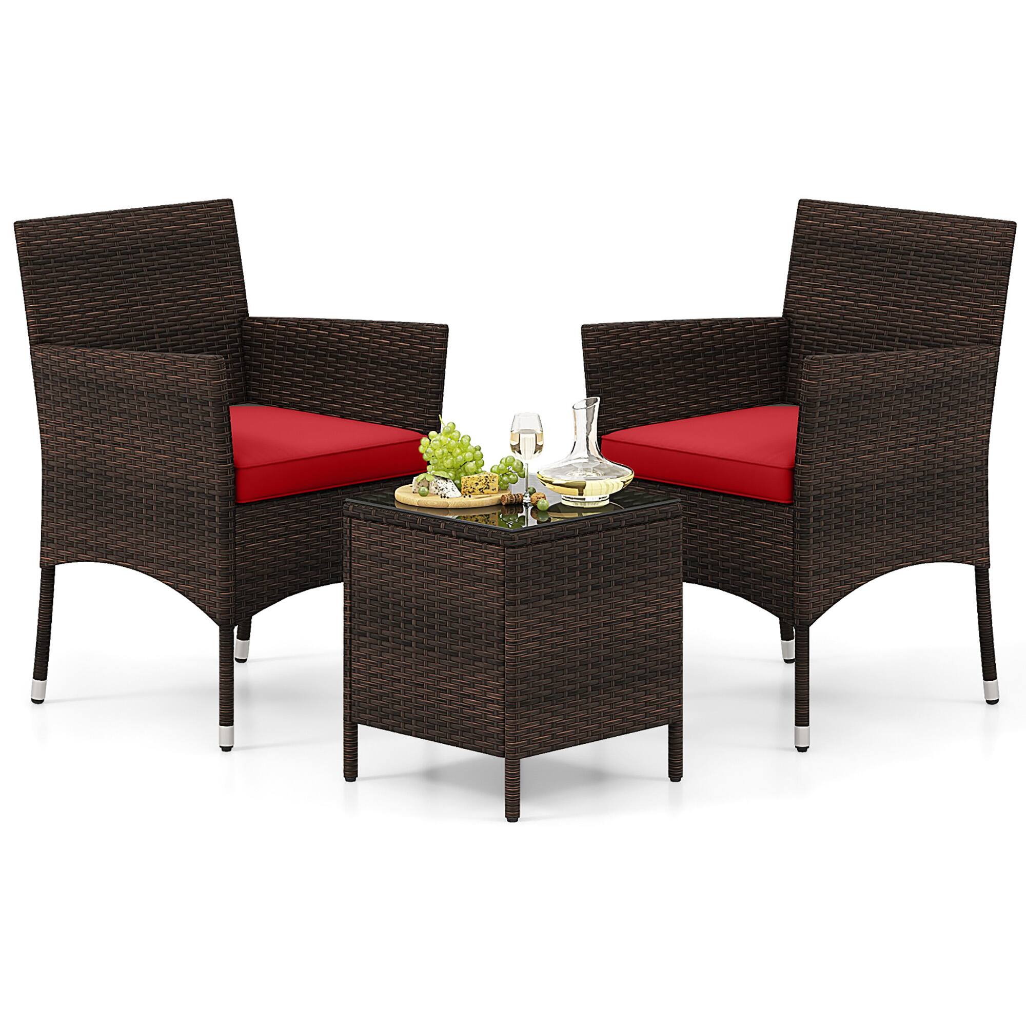 Alt View 9. Gymax - Gymax 3 PCS Outdoor Conversation Set w/ Cushioned Seat & Tempered Glass Tabletop Red - Red.