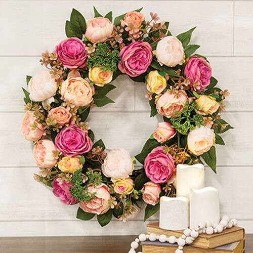 Angle. BreeBe - Mixed Cabbage Rose Wreath - 22" - Multicolor.