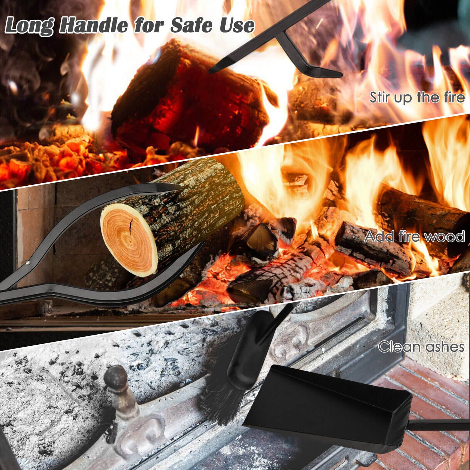 Long Handle for Safe Use, Stir up the fire, Add fire wood, Clean ashes