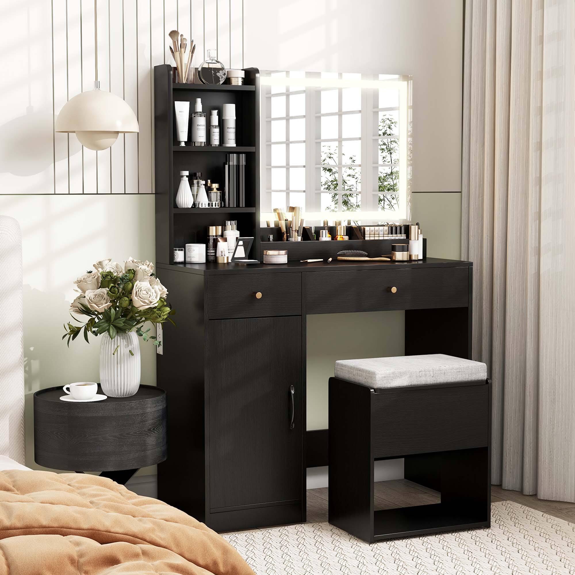 Alt View 3. Costway - Costway Vanity Set Dressing Table and Chair Set with 3 Lighting Modes & Mirror and Lights Black - Black.