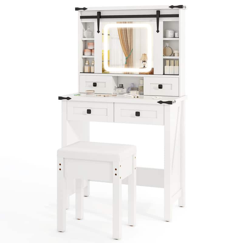 WELLFOR - Makeup Vanity with Barn Sliding Lights Mirror & Glass Tabletop, Farmhouse Vanity Desk Set with Drawers & Stool - White