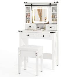 WELLFOR - Makeup Vanity with Barn Sliding Lights Mirror & Glass Tabletop, Farmhouse Vanity Desk Set with Drawers & Stool - White