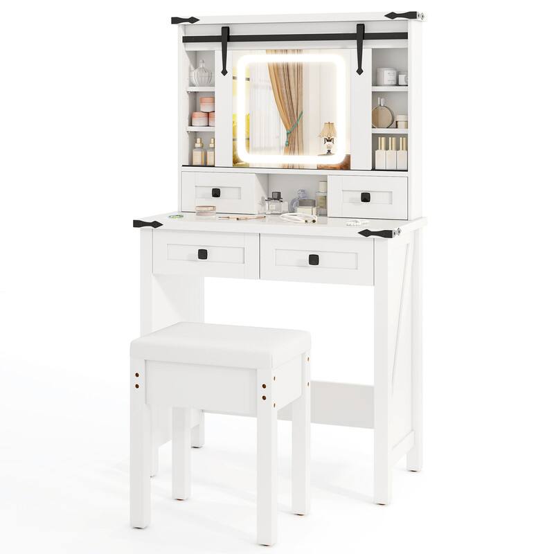 Front. WELLFOR - Makeup Vanity with Barn Sliding Lights Mirror & Glass Tabletop, Farmhouse Vanity Desk Set with Drawers & Stool - White.