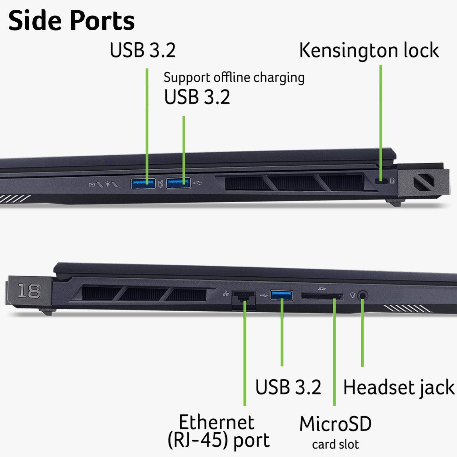Side Ports  
USB 3.2  
Support offline charging  
USB 3.2  
Kensington lock  
USB 3.2  
Headset jack  
Ethernet (RJ-45) port  
MicroSD card slot