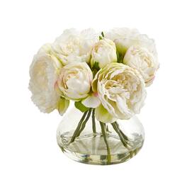 BreeBe - 10" Peony Artificial Arrangement in Vase - White
