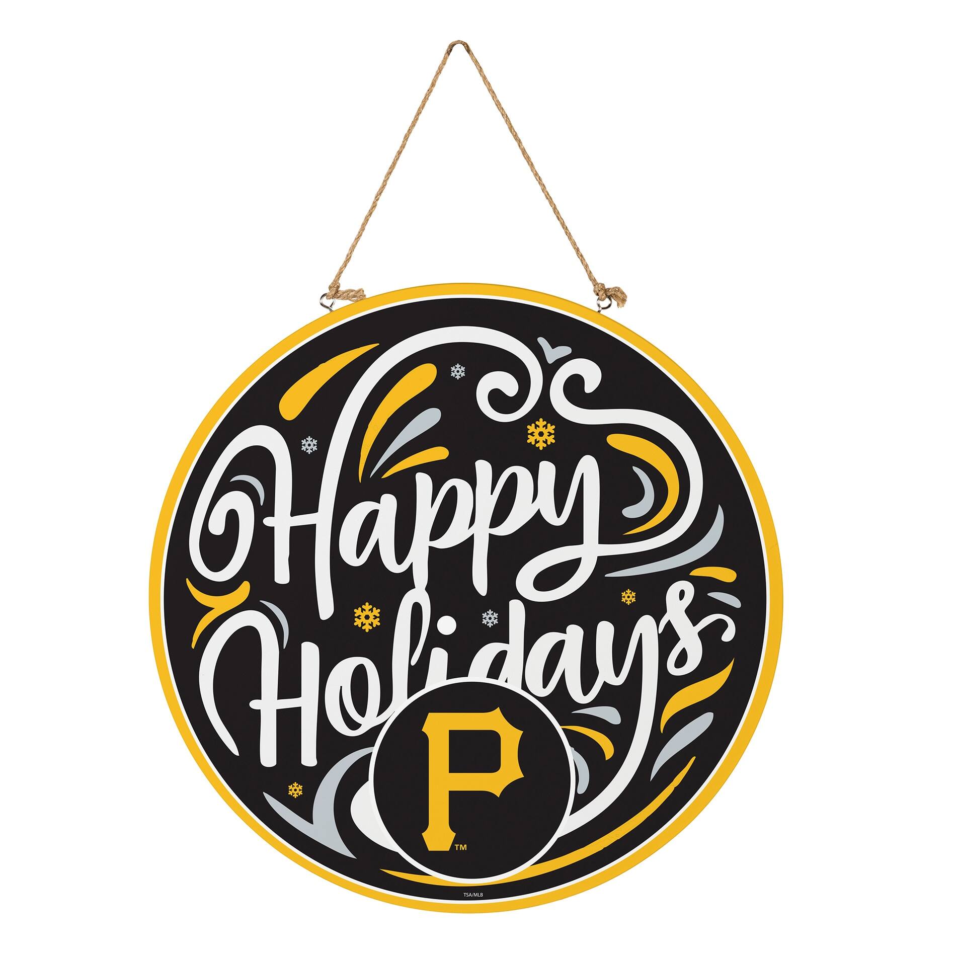 Alt View 2. Evergreen Enterprises - Pittsburgh Pirates 18" Happy Holidays Wooden Round Door Sign - Multicolor.