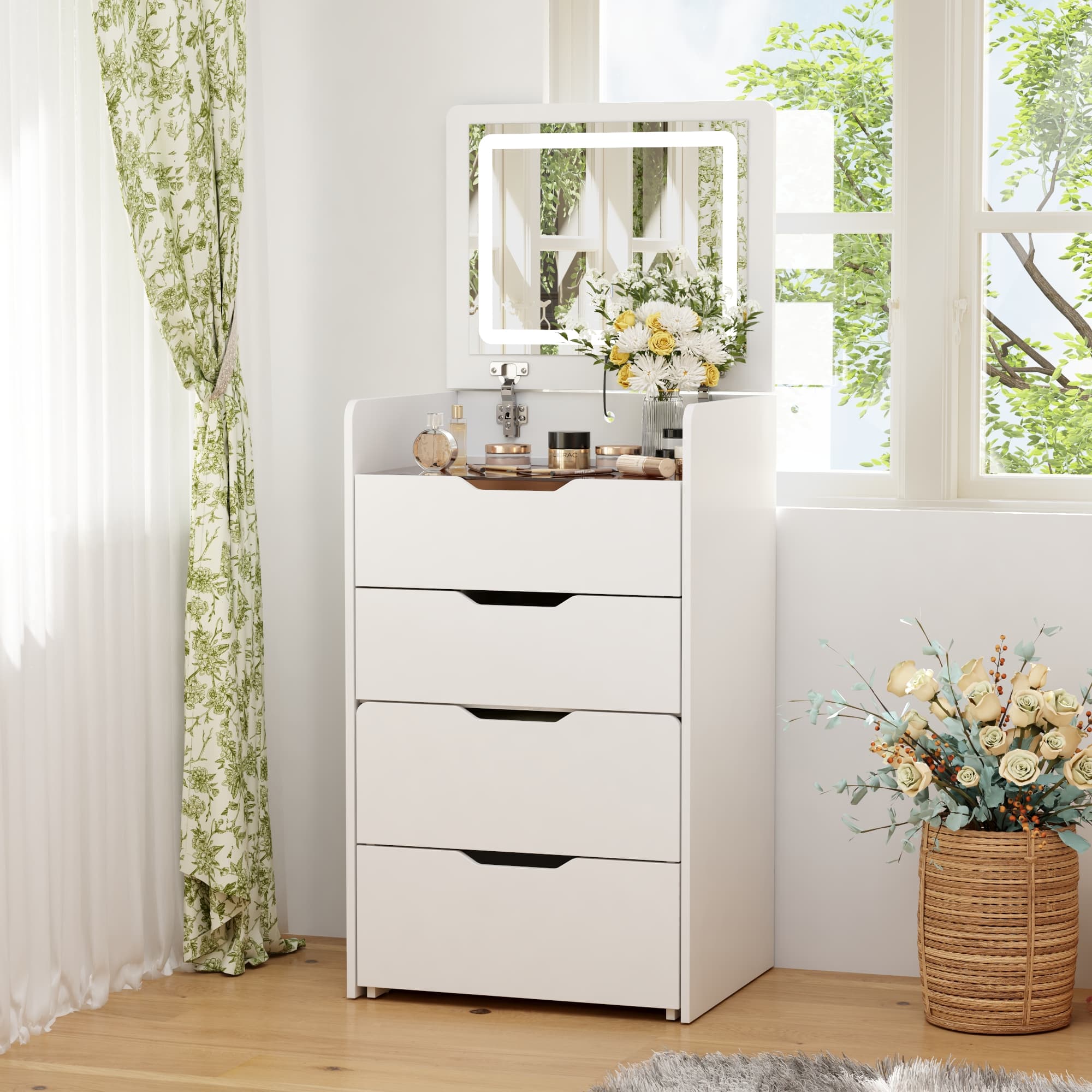 Famapy - Flip - Up LED Vanity Desk with 3 - Color Lighting & Hidden Storage for Small Spaces - White