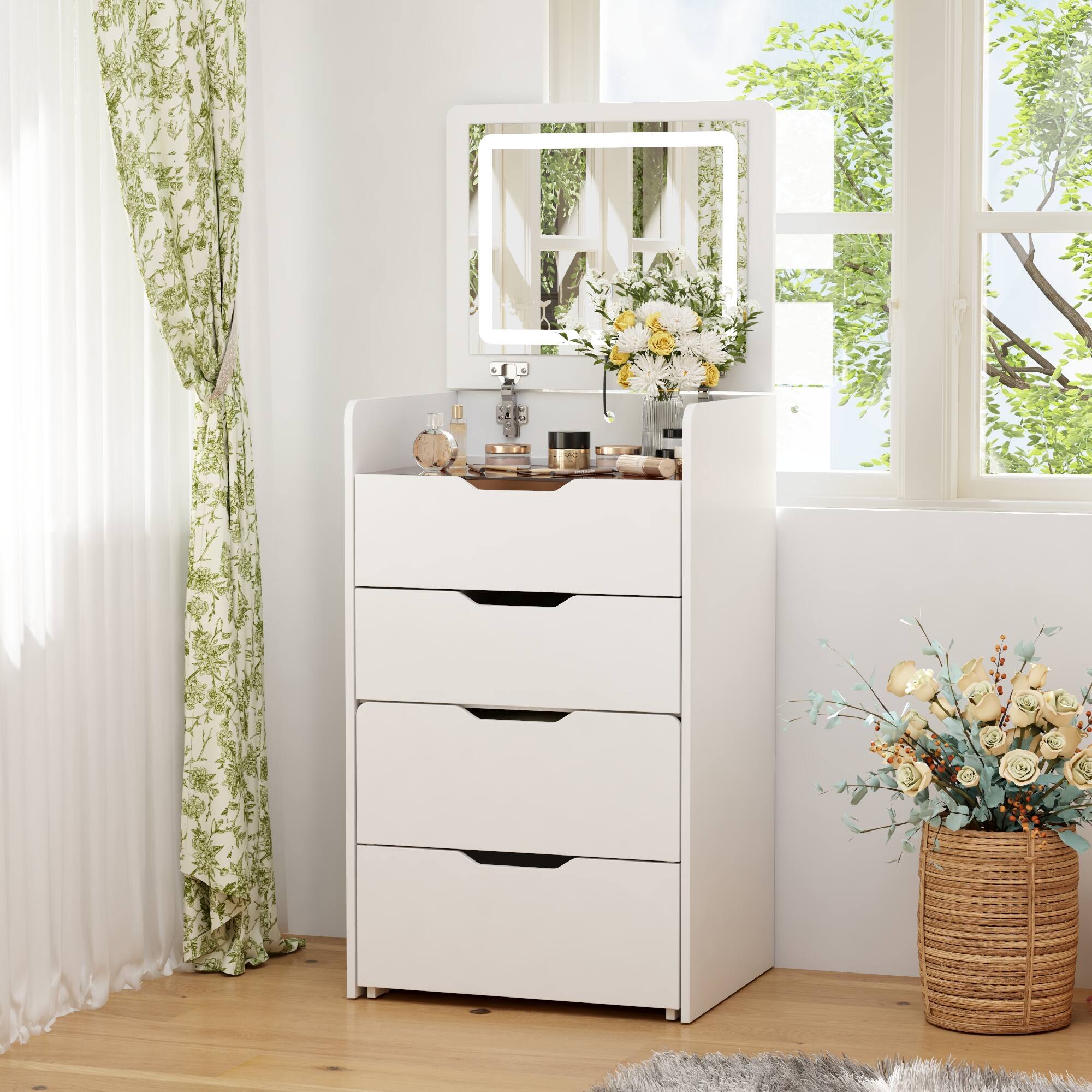 Front. Famapy - Flip - Up LED Vanity Desk with 3 - Color Lighting & Hidden Storage for Small Spaces - White.