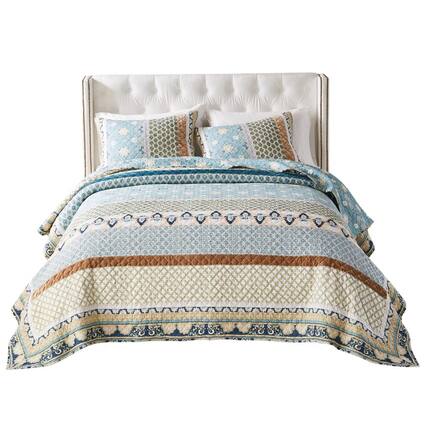 Front. Greenland Home Fashions - Greenland Home Fashions Thalia Stylized Florals and Geometric Prints Bohemian 3 Piece Quilt Set King/Cal King Blue - Blue.