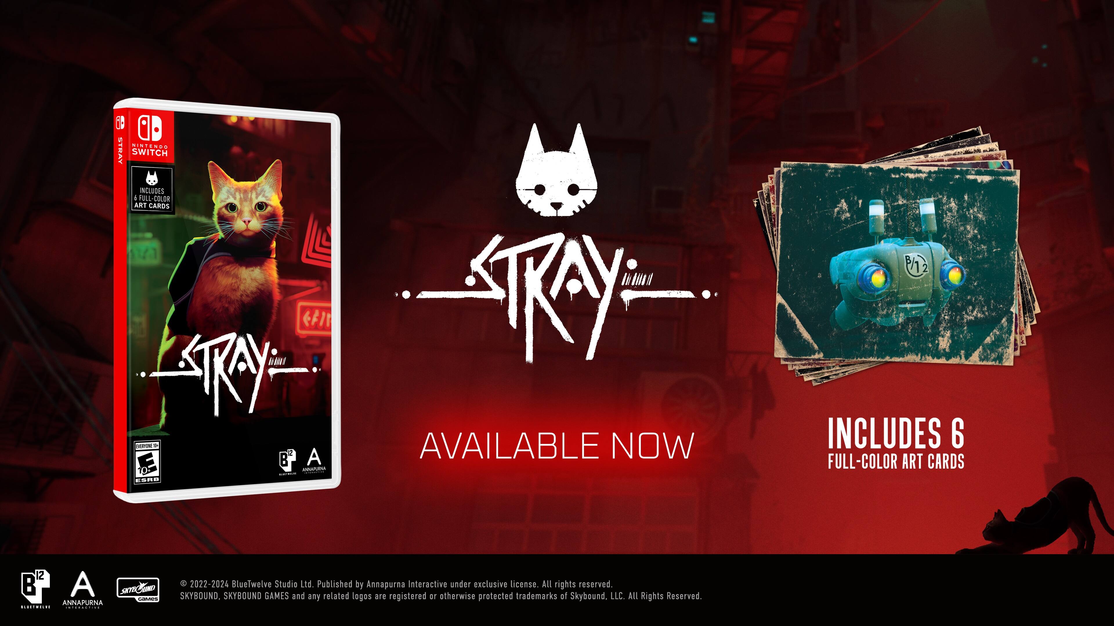 The text on the image reads: "Stray Switch includes 4 full-color art cards. Available now. Includes 6 full-color art cards."
