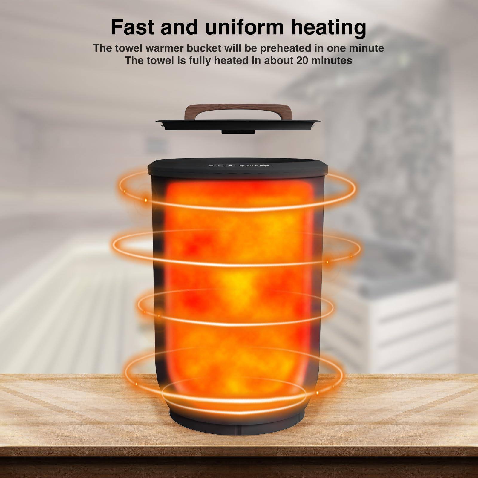 Fast and uniform heating

The towel warmer bucket will be preheated in one minute. The towel is fully heated in about 20 minutes.