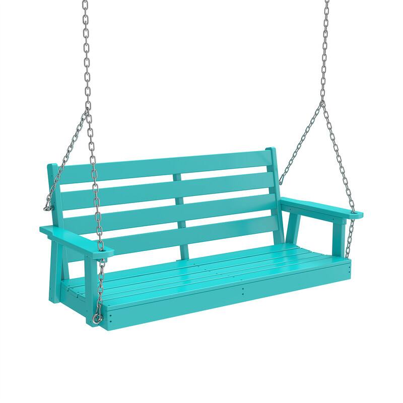 Front. FODINGHILL - 51" All Weather HDPE Porch Swing, Waterproof Outdoor Patio Bench Swing with 4 Stainless Steel Chains - Aqua.