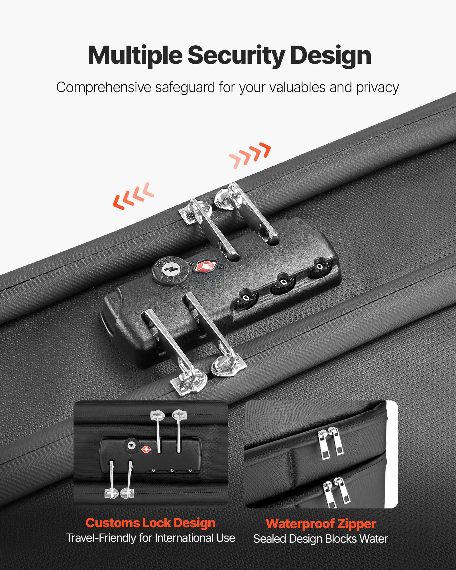 Multiple Security Design  
Comprehensive safeguard for your valuables and privacy  

Customs Lock Design  
Travel-Friendly for International Use  

Waterproof Zipper  
Sealed Design Blocks Water