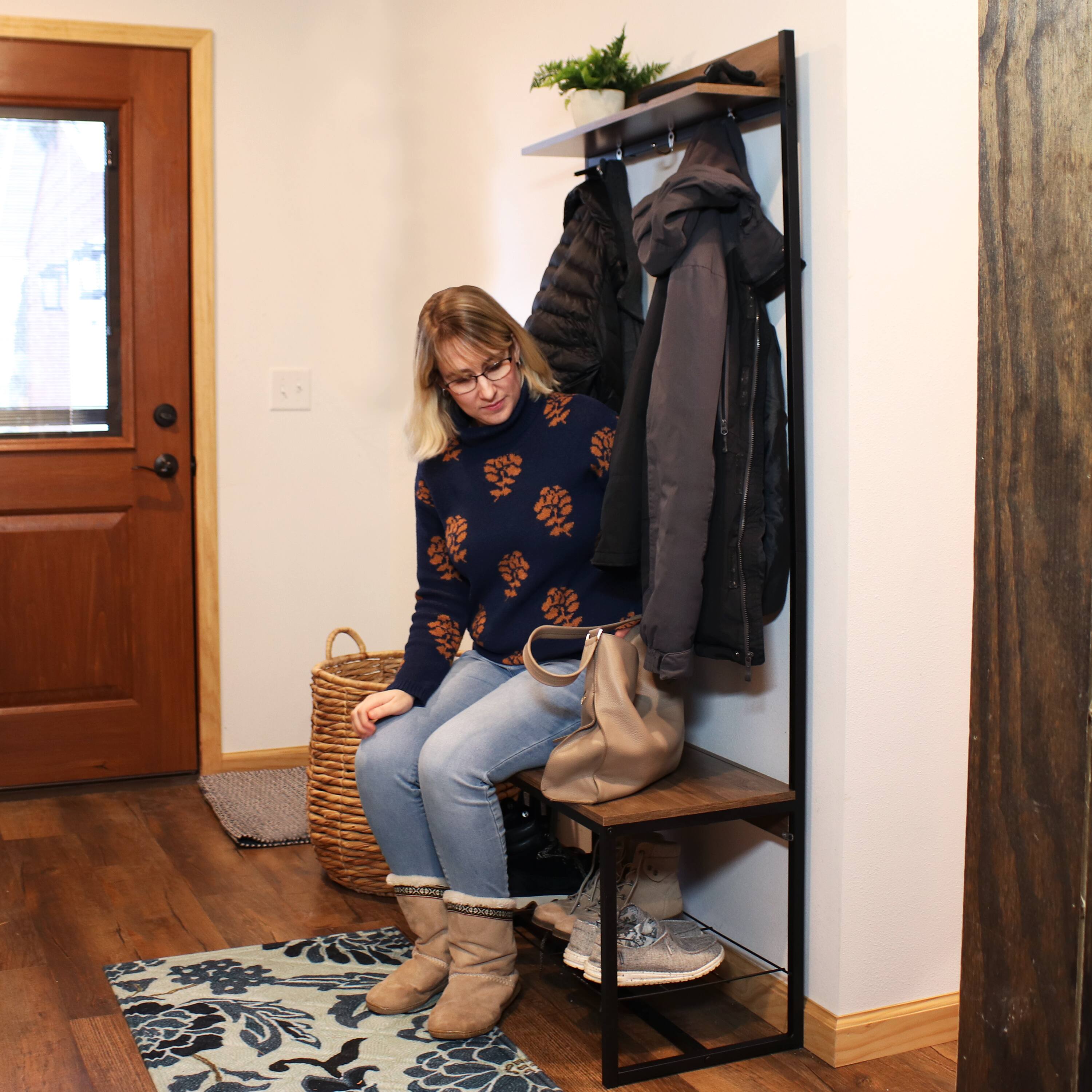 Alt View 4. Sunnydaze - Industrial MDP Hall Tree with Coat/Shoe Rack - 67 in - Light Brown.