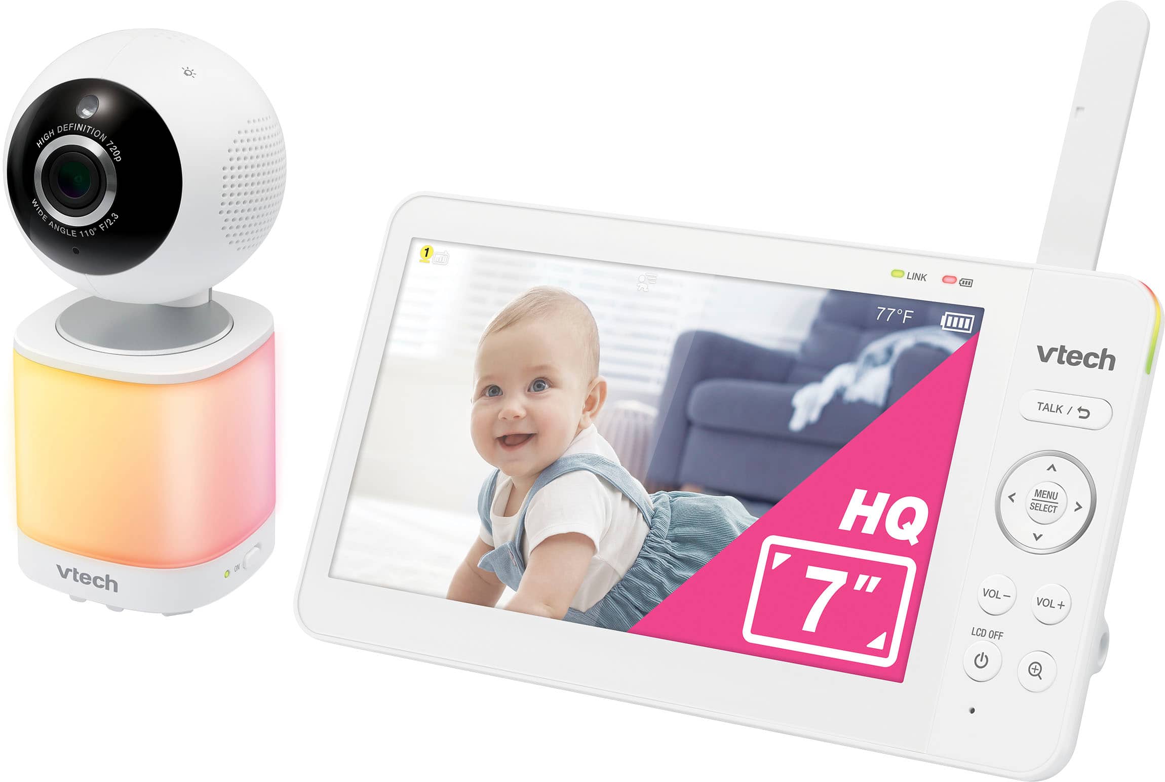The image features a Vtech camera and monitor setup. The camera is positioned on the left side of the image, while the monitor is on the right. The monitor displays a baby, and the camera is described as having a high-definition 720p wide angle lens with a 110-degree field of view. The monitor is a 7-inch LCD screen, and the camera has a 210-degree viewing angle. The Vtech device is designed for easy use, with a simple menu system and a dedicated volume control.
