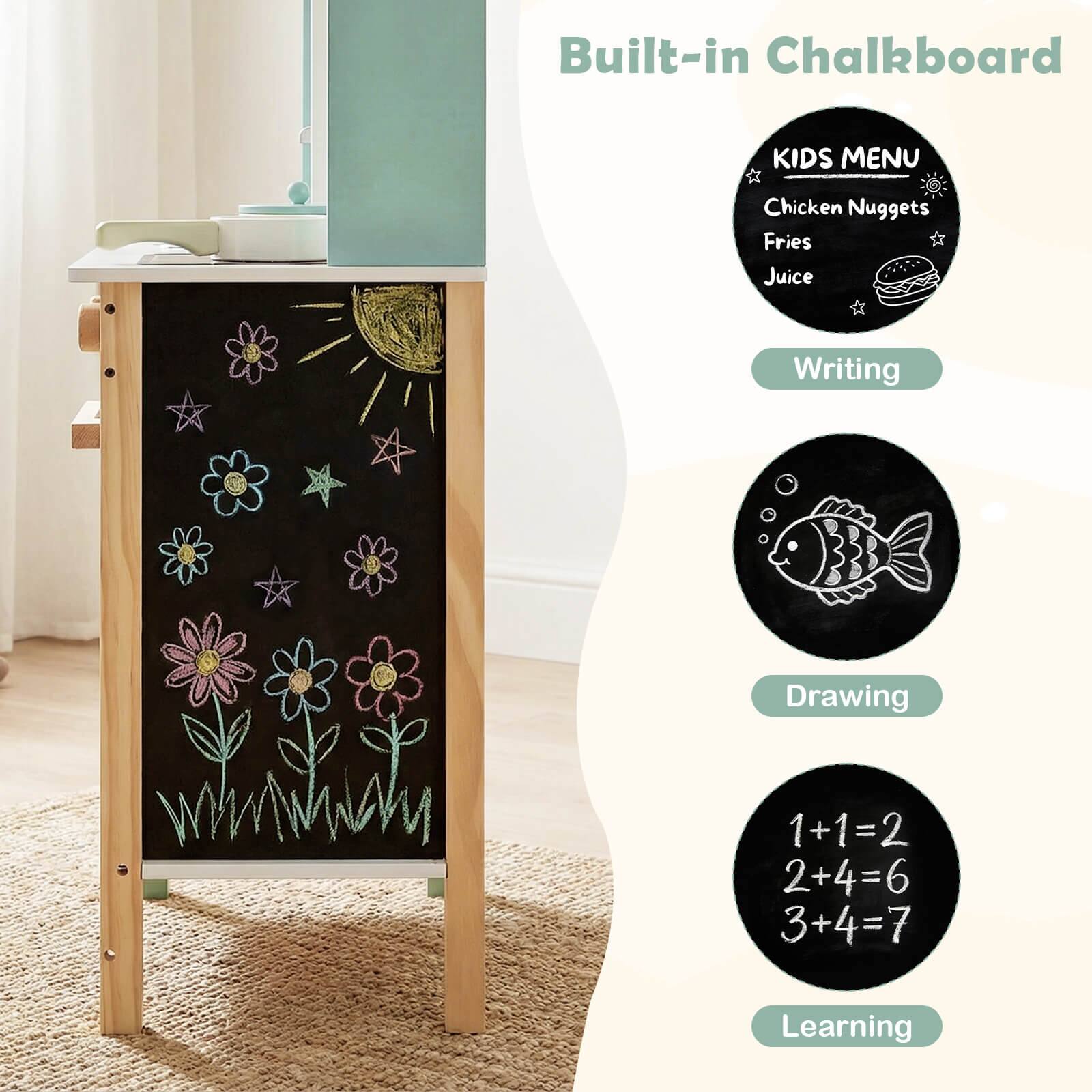 Built-in Chalkboard

KIDS MENU
Chicken Nuggets
Fries
Juice

Writing

Drawing

Learning
1+1=2
2+4=6
3+4=7