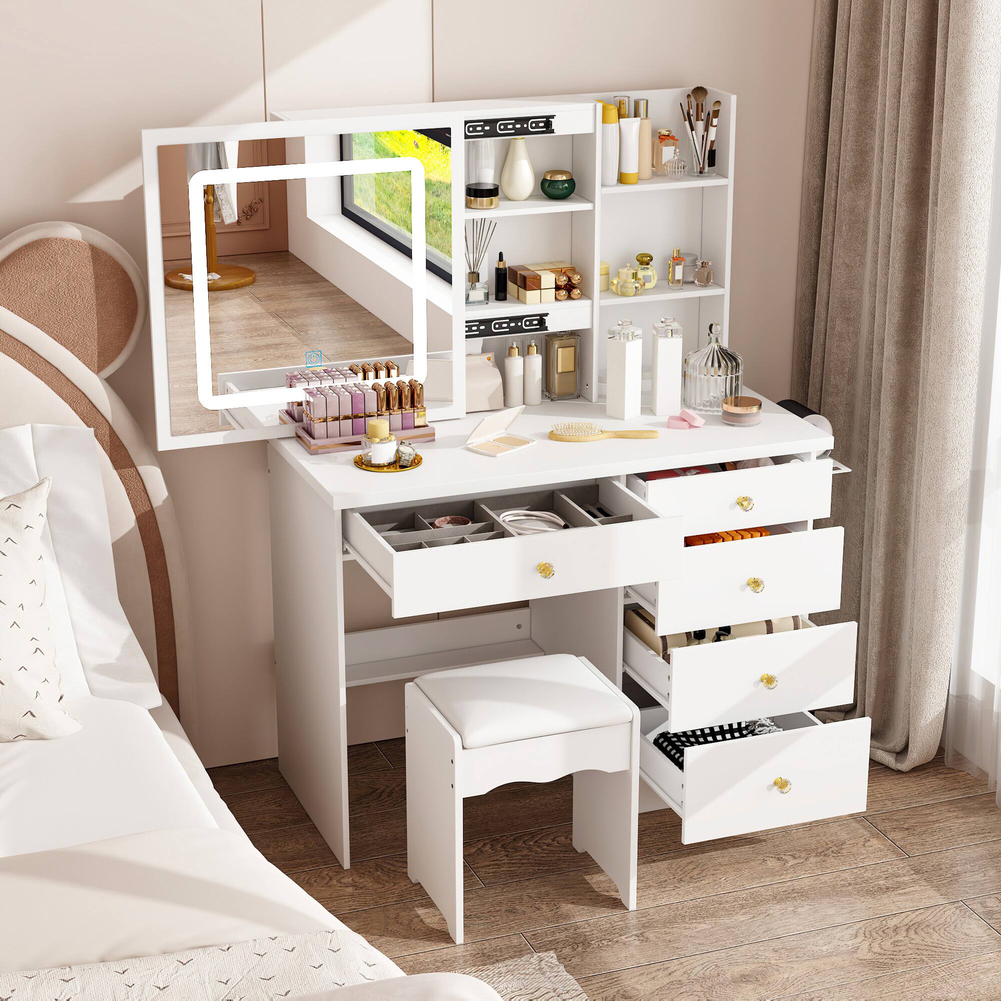 Left. Famapy - Sliding Mirror Vanity Desk with LED Light & Hidden Storage, Makeup Table with Side Shelf for Bedroom - White.