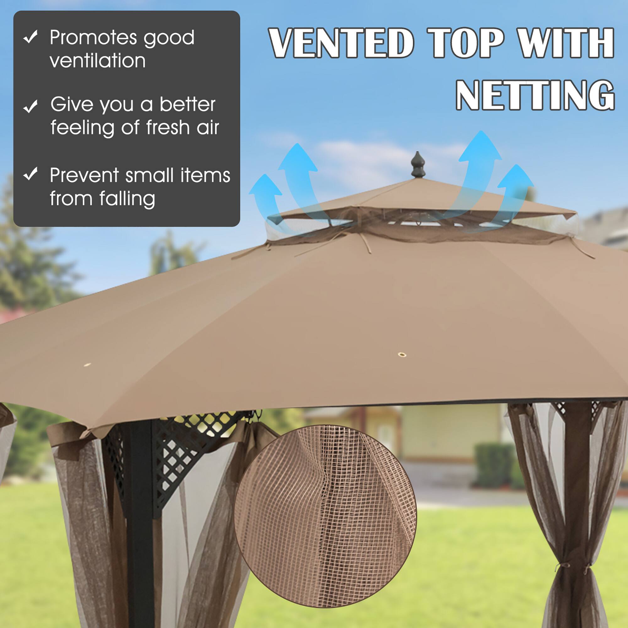 VENTED TOP WITH NETTING

- Promotes good ventilation
- Give you a better feeling of fresh air
- Prevent small items from falling