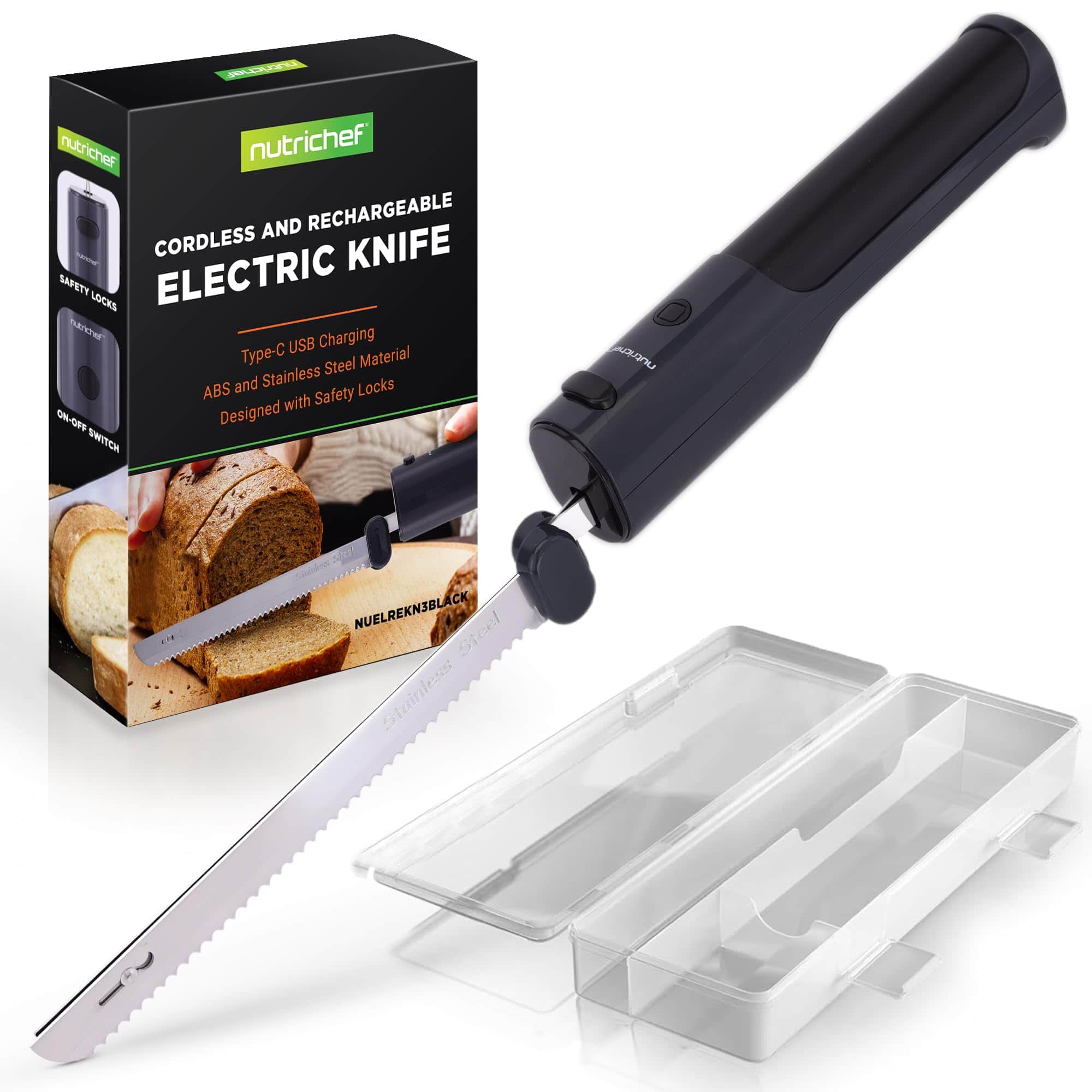 NutriChef - Cordless Electric Knife, 11.42” Stainless Steel Blades, Easy ON/OFF Safety Function, (NUELREKN3BLACK) - Black