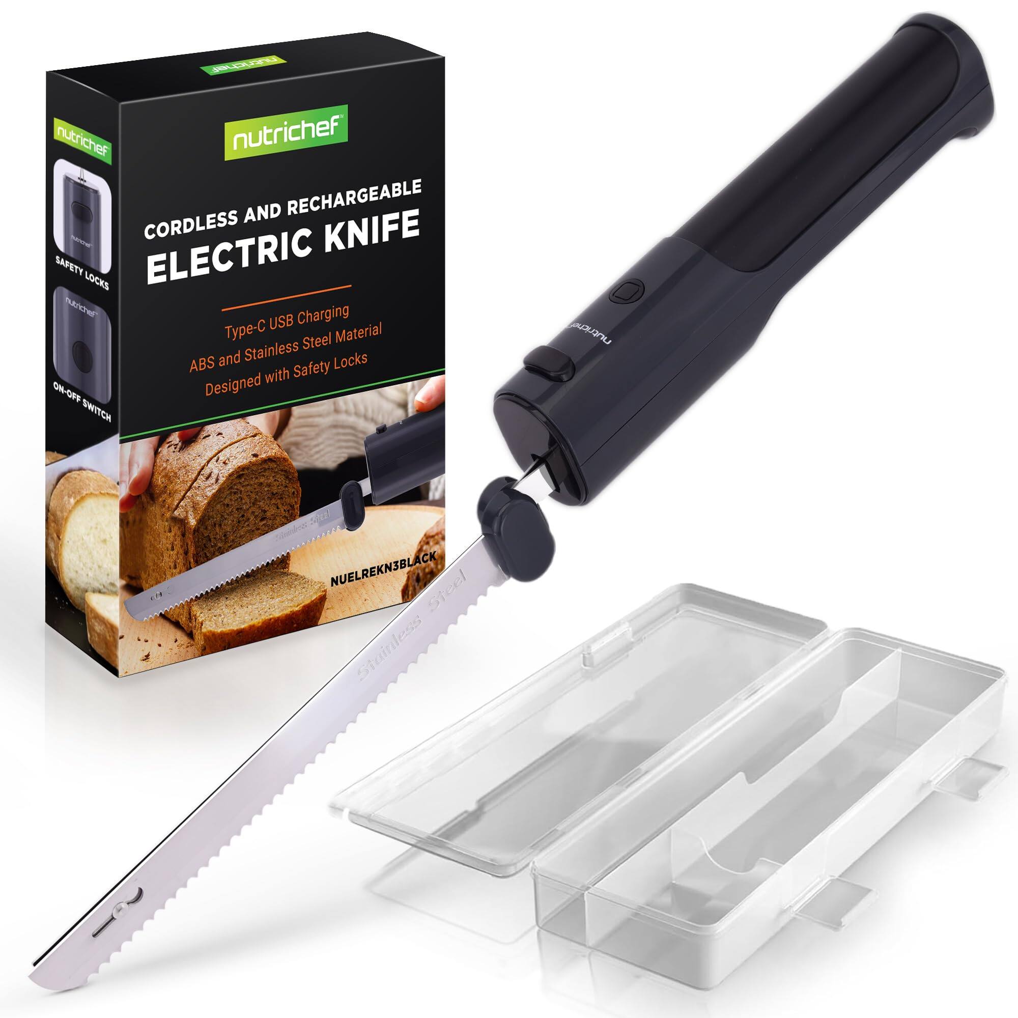 nutrichef CORDLESS AND RECHARGEABLE ELECTRIC KNIFE  
Type-C USB Charging  
ABS and Stainless Steel Material  
Designed with Safety Locks  
ON-OFF SWITCH  
NUELREKN3BLACK