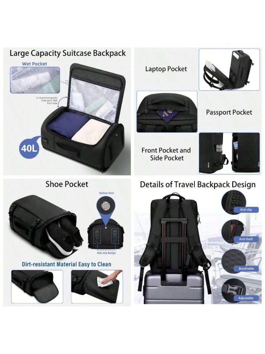 Large Capacity Suitcase Backpack  
- Wet Pocket  
- 40L  
- Shoe Pocket  
- Dirt-resistant Material Easy to Clean  

Laptop Pocket  
Passport Pocket  
Front Pocket and Side Pocket  

Details of Travel Backpack Design  
- Anti-slip  
- Anti-theft  
- Breathable  
- Adjustable