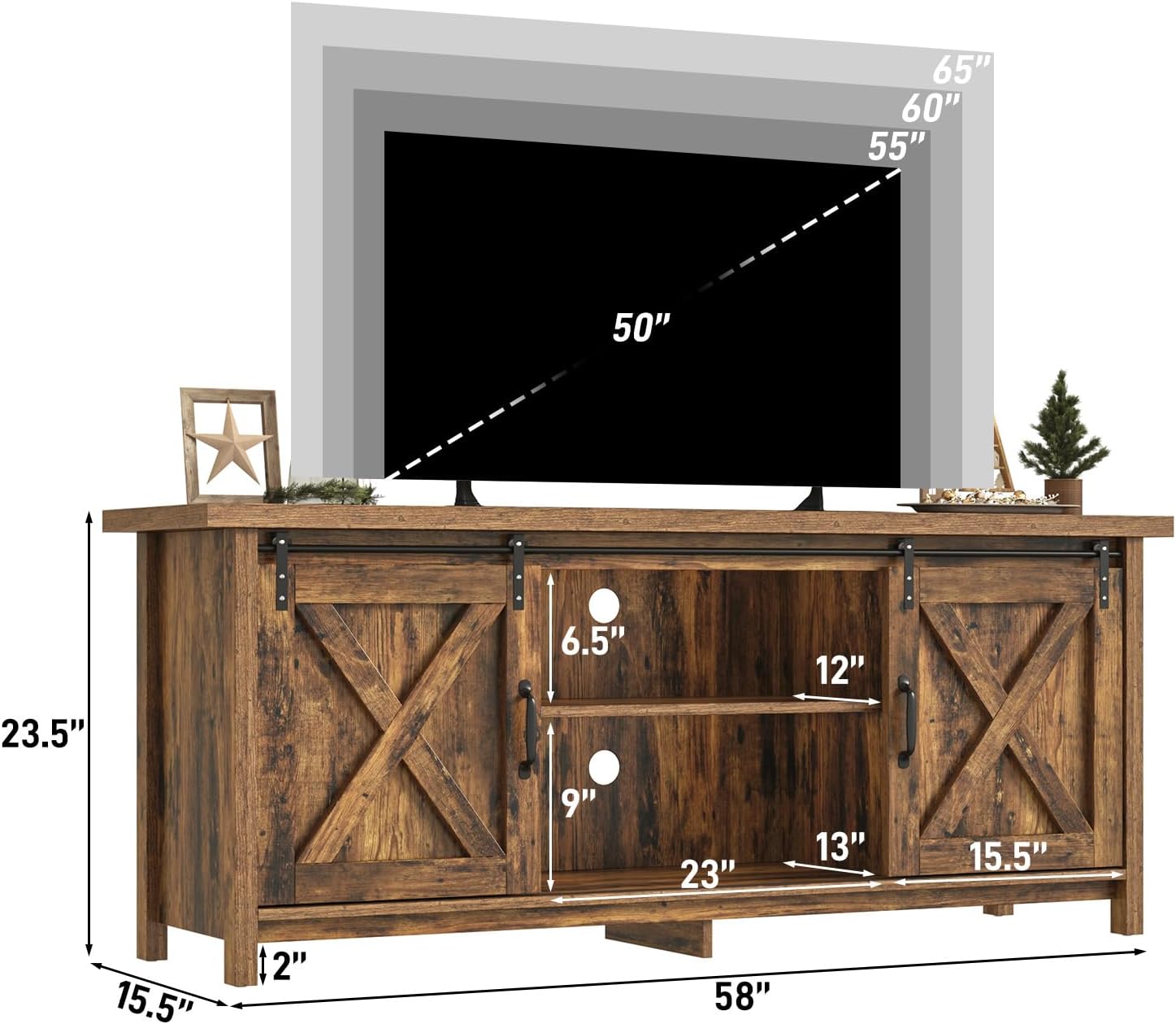65" 60" 55" 50"  
23.5" 9" 23" 13" 15.5" 15.5" 2" 58"  
6.5" 12"