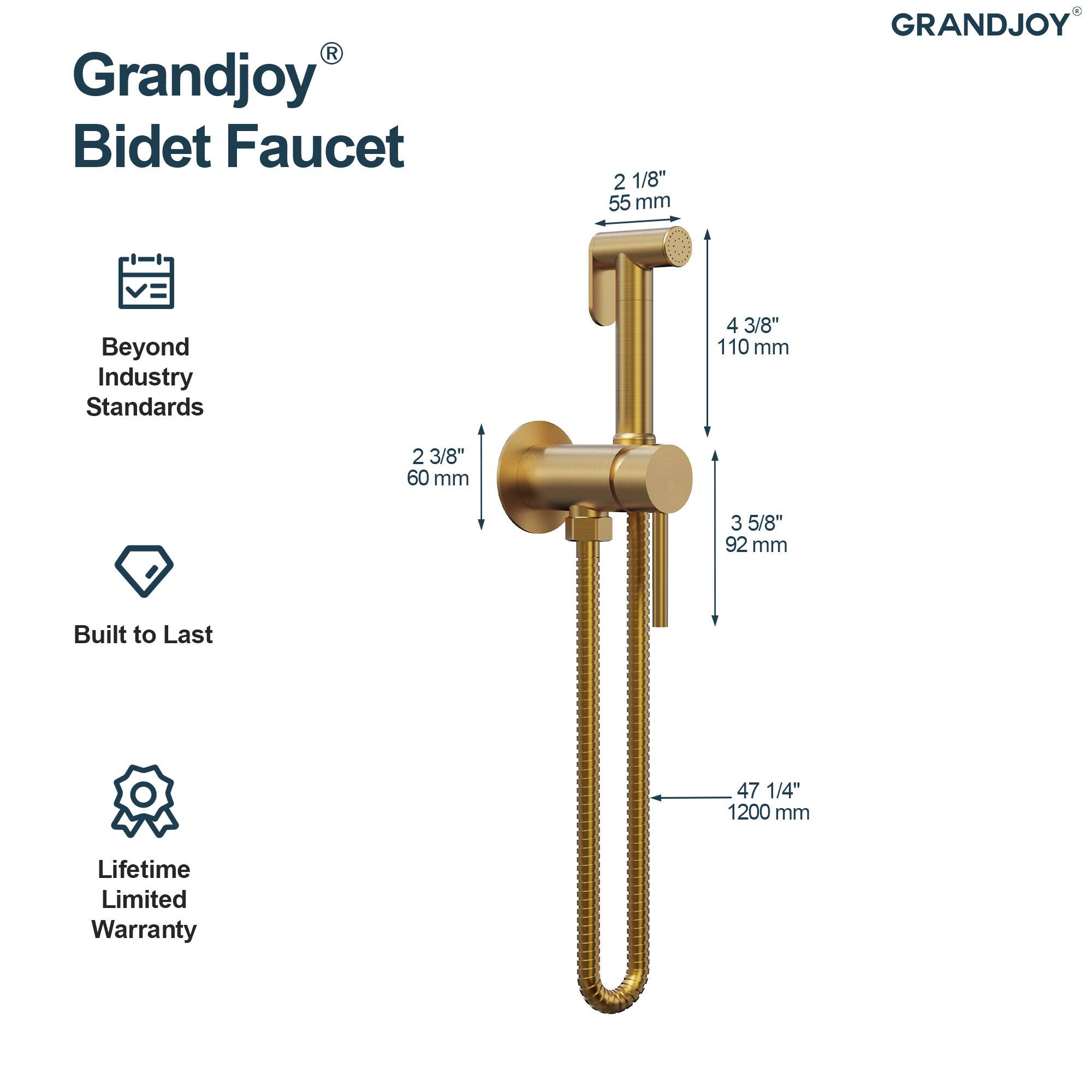 Grandjoy Bidet Faucet

Beyond Industry Standards

Built to Last

Lifetime Limited Warranty

- 2 1/8" 55 mm
- 4 3/8" 110 mm
- 2 3/8" 60 mm
- 3 5/8" 92 mm
- 47 1/4" 1200 mm