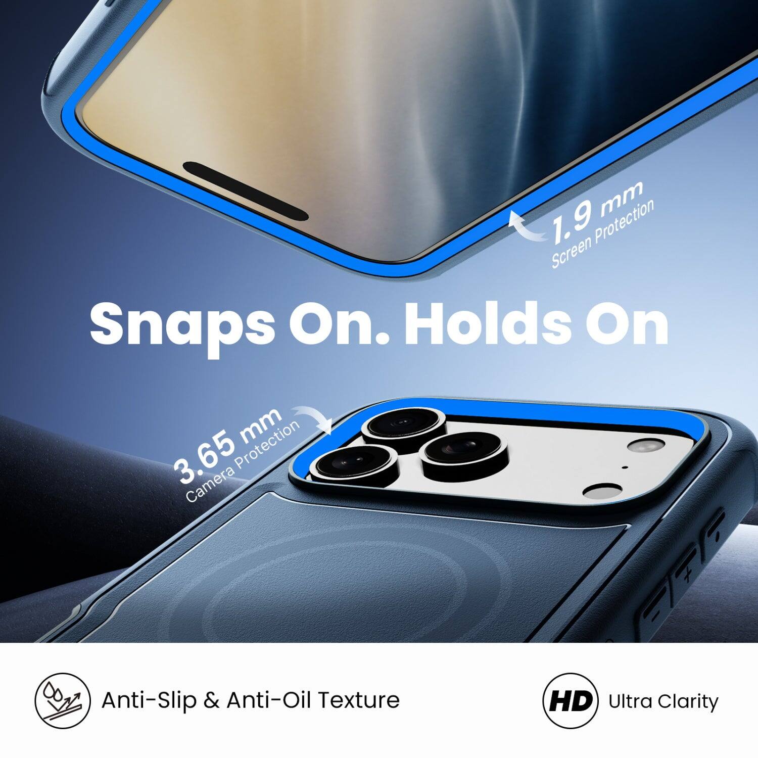 1.9 mm Screen Protection  
Snaps On. Holds On  
3.65 mm Camera Protection  
Anti-Slip & Anti-Oil Texture  
HD Ultra Clarity