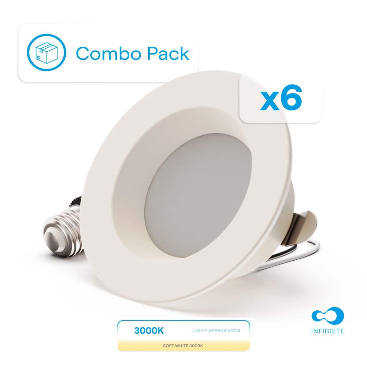 Infibrite - 4 In. Retrofit 3000K Warm Integrated LED Recessed Light Kit 9W 750LM Remodel, Dimmable, Wet Rated (6 Pack) - White