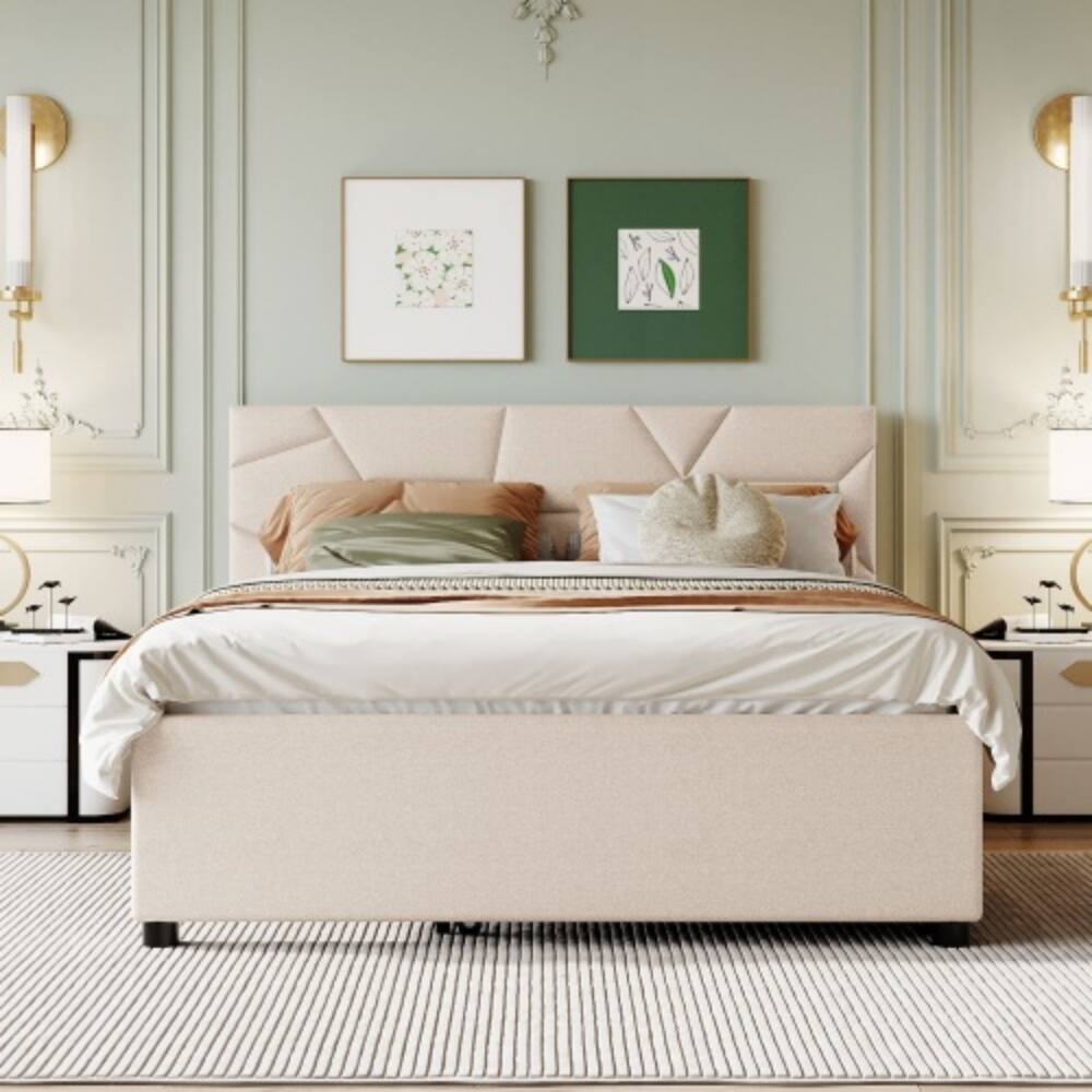 Angle. LUCKY ONE - Queen Size Upholstered Platform Bed with Brick Pattern Headboard and Twin XL Trundle, Linen Fabric, No Box Spring Needed - Beige.