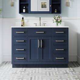 WELLFOR - 48 in Solid Wood Bathroom Vanity with Sink,2 Soft-Close Doors,9 Drawers&Cultured Marble Countertop,Brushed Nickel Handle - Navy Blue