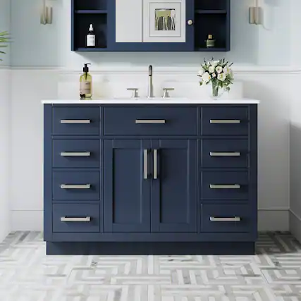 Front. WELLFOR - 48 in Solid Wood Bathroom Vanity with Sink,2 Soft-Close Doors,9 Drawers&Cultured Marble Countertop,Brushed Nickel Handle - Navy Blue.