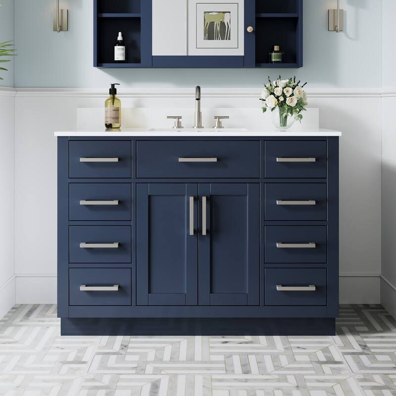 Front. WELLFOR - 48 in Solid Wood Bathroom Vanity with Sink,2 Soft-Close Doors,9 Drawers&Cultured Marble Countertop,Brushed Nickel Handle - Navy Blue.