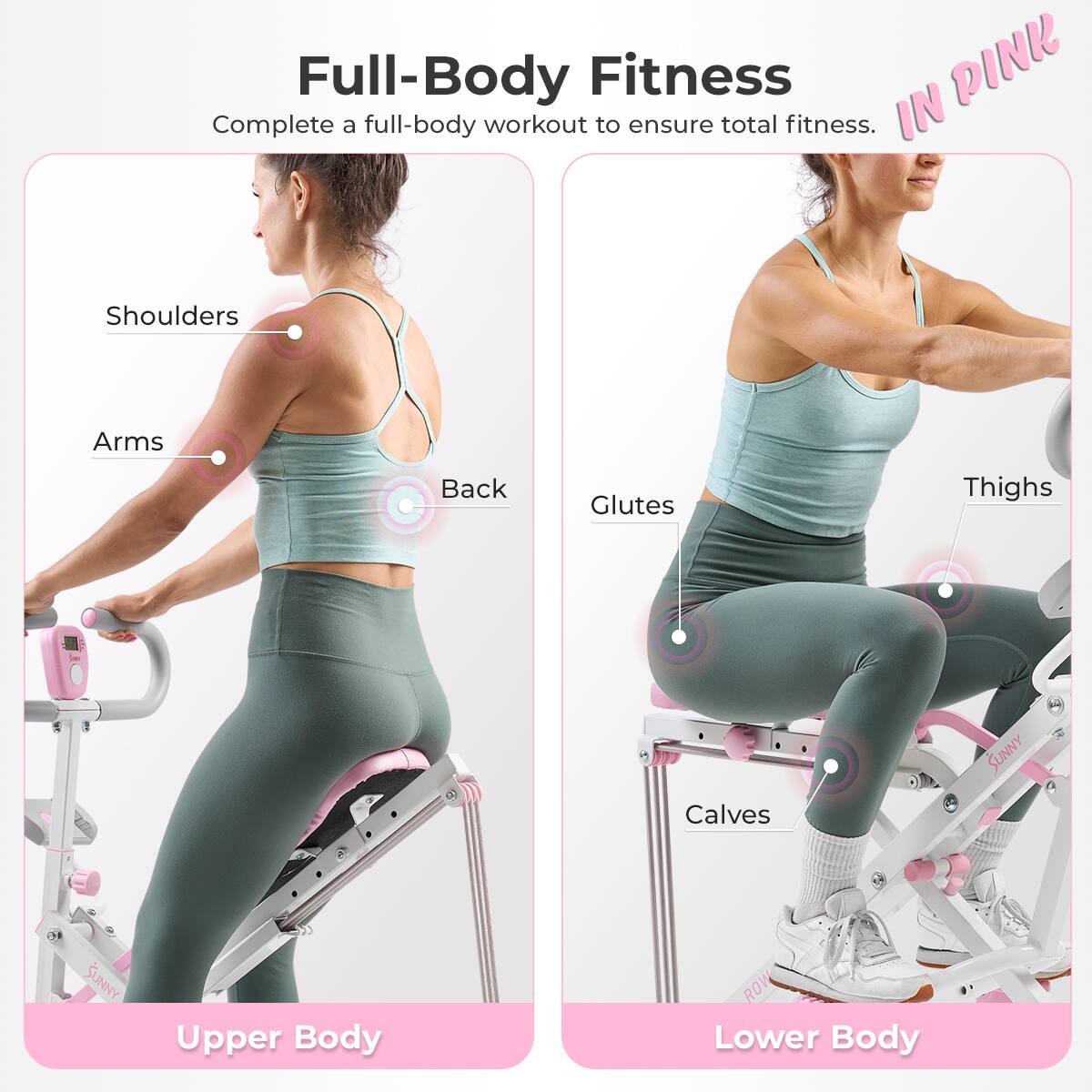 Full-Body Fitness PINK Complete a full-body workout to ensure total fitness. IN Upper Body Shoulders Arms Back Lower Body Glutes Thighs Calves SUNNY - SUNNY