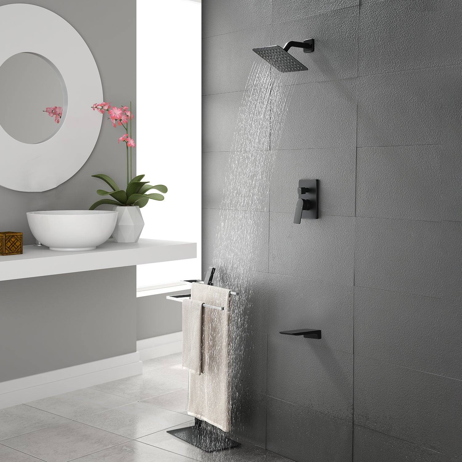 Alt View 4. Boyel Living - Black Shower Set 2-Function Brass Pressure Balance Valve cUPC 8 Inch SUS304 Top Spray Waterfall Spout Dual Water Outlet - Matte Black.
