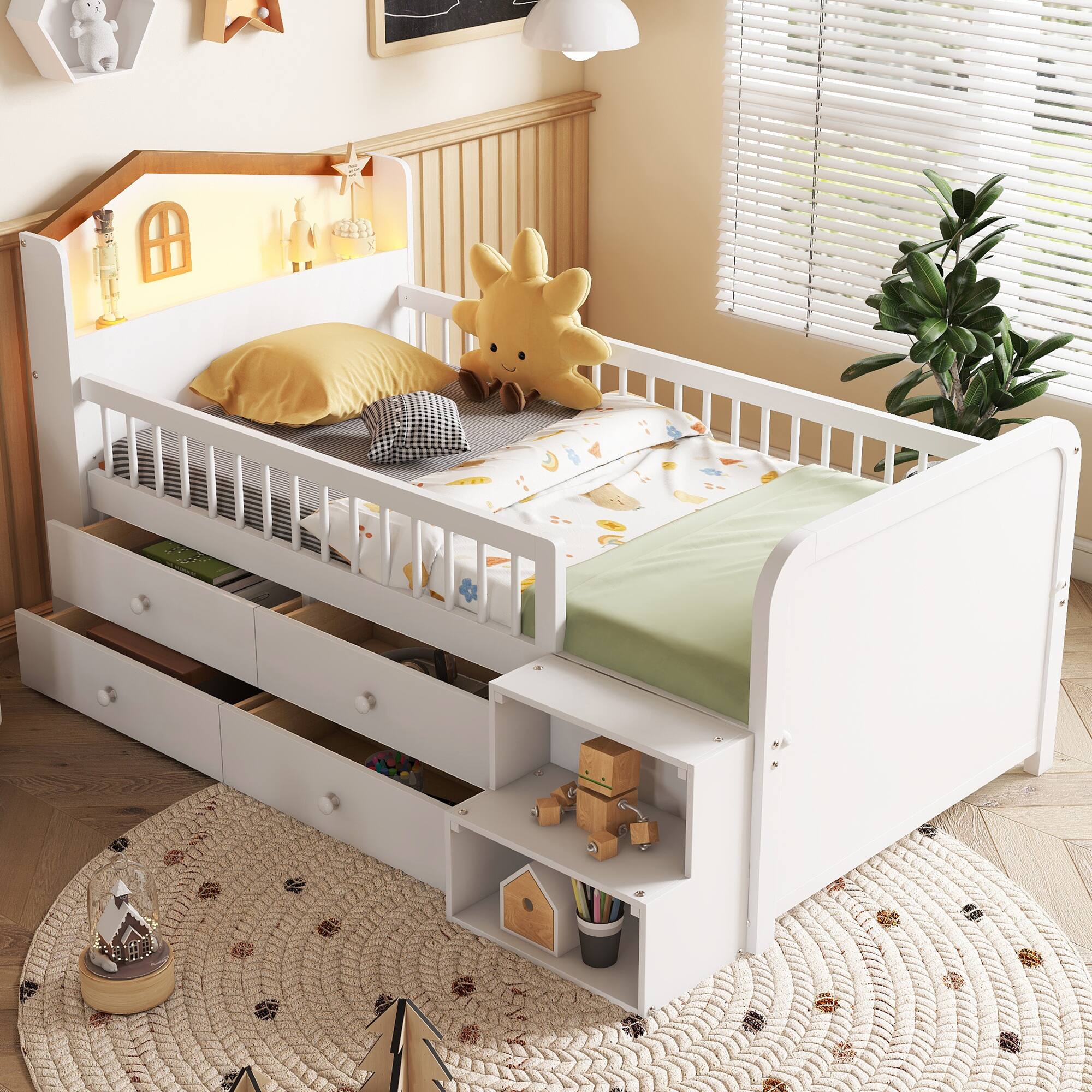 Alt View 2. APRILSOUL - Low Loft Bed with LED Lights Wooden Twin Loft Bed with House Shape Headboard Kids Loft Bed with Storage Drawers White - White.