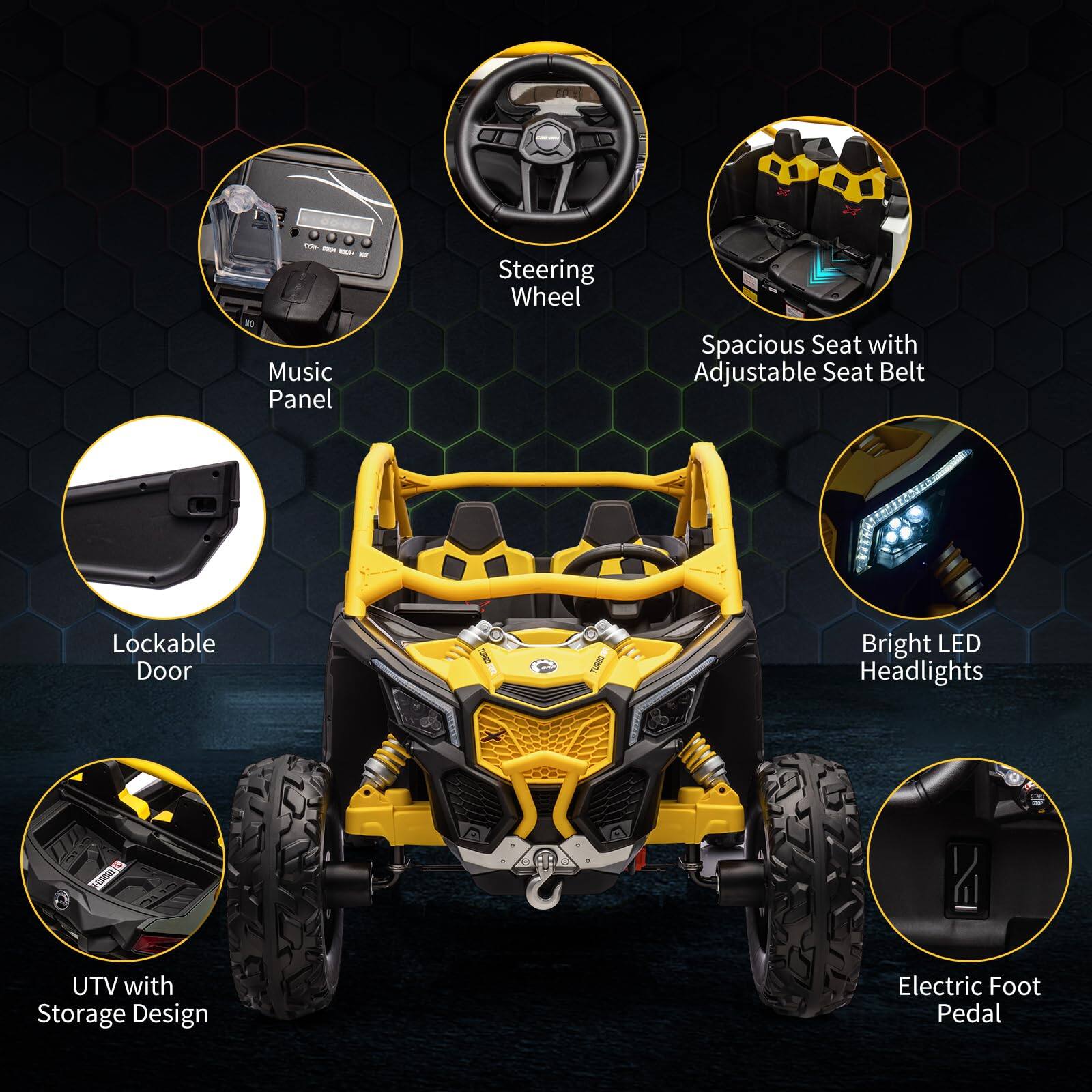 - Steering Wheel
- Music Panel
- Spacious Seat with Adjustable Seat Belt
- Lockable Door
- Bright LED Headlights
- UTV with Storage Design
- Electric Foot Pedal