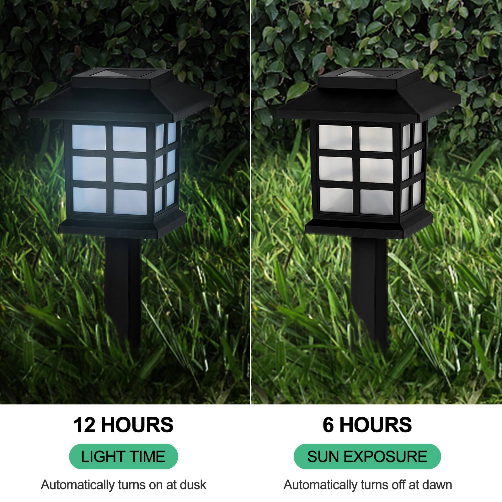 12 HOURS LIGHT TIME  
Automatically turns on at dusk  

6 HOURS SUN EXPOSURE  
Automatically turns off at dawn
