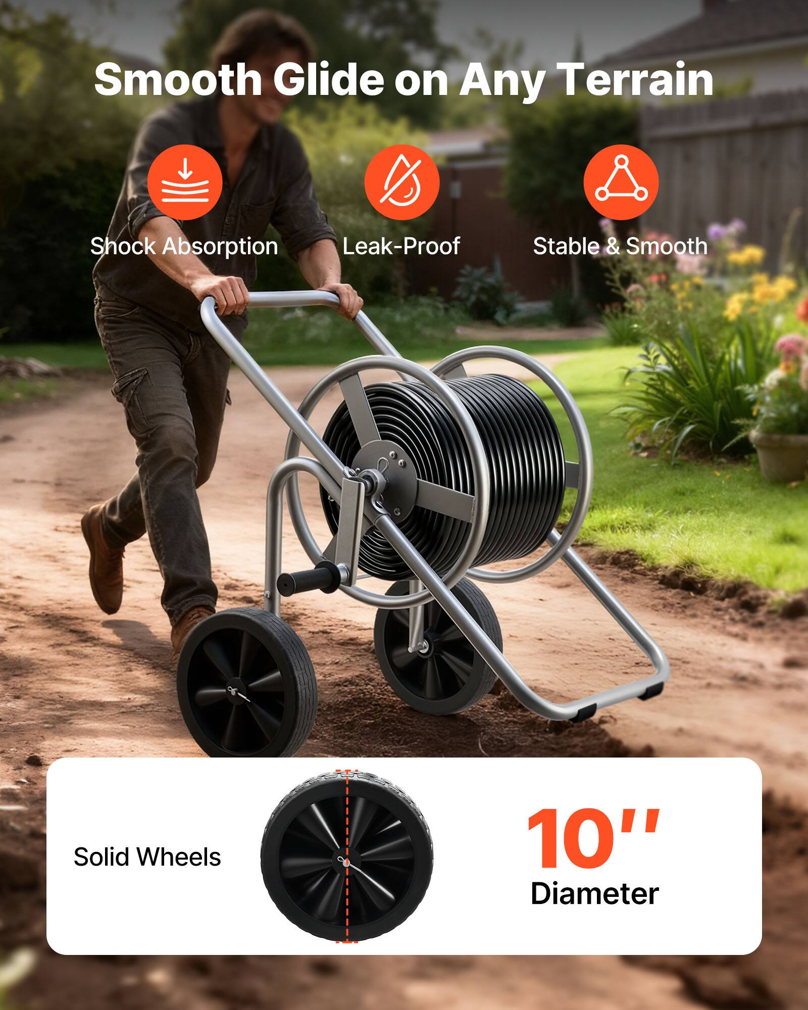 Smooth Glide on Any Terrain  
Shock Absorption  
Leak-Proof  
Stable & Smooth  
Solid Wheels  
10" Diameter