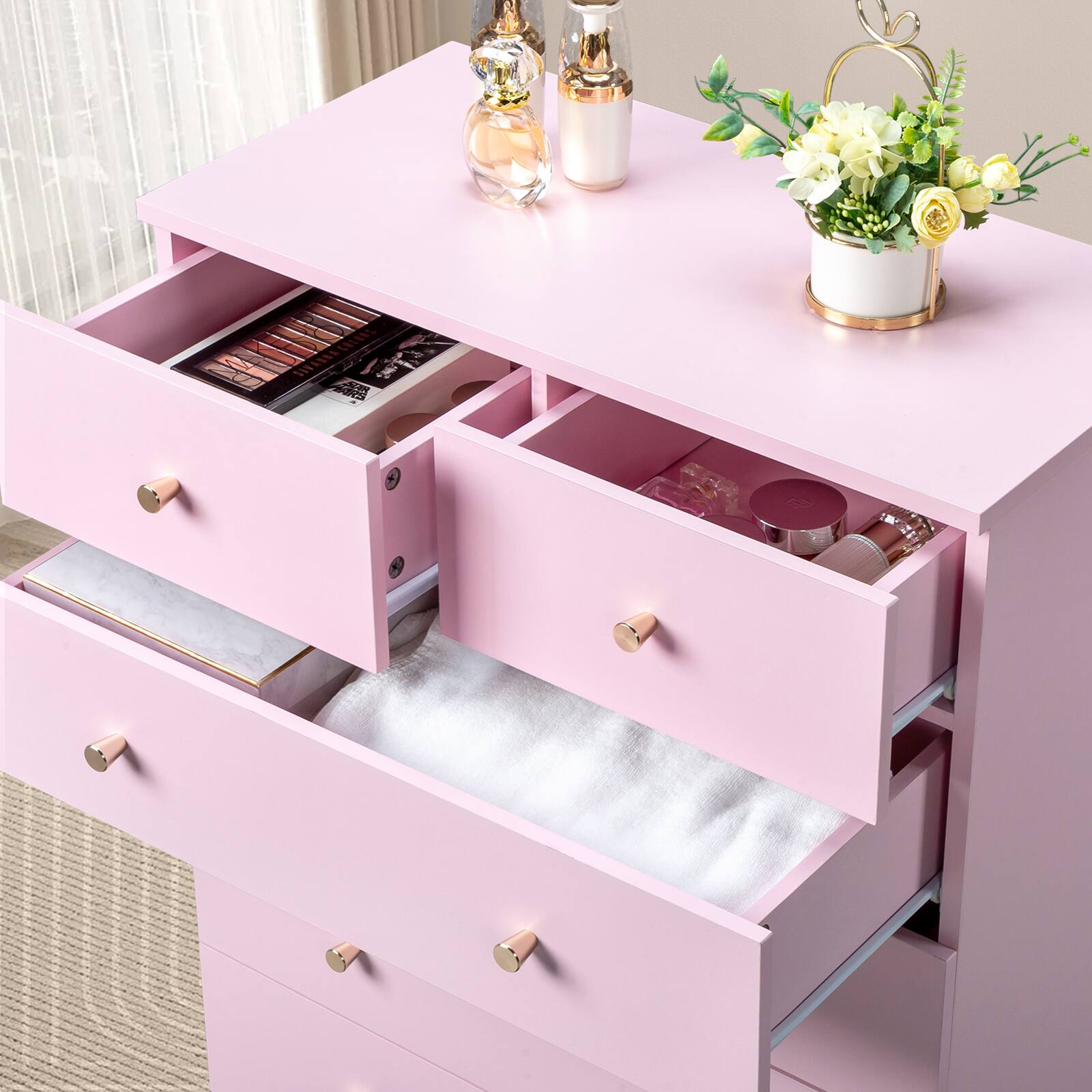 Alt View 5. Kadyn - 5 Drawer Dresser with Gold Handle, Nursery Dresser Chest Of Drawers Organizer - Pink.