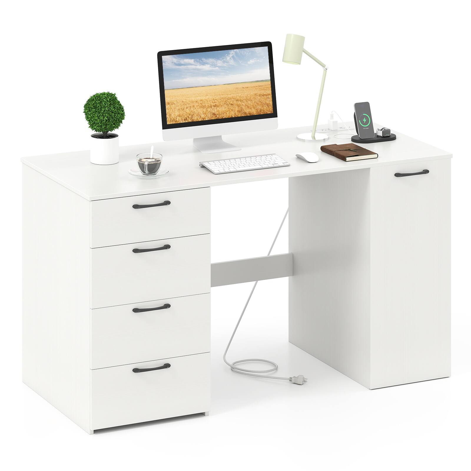 Back. SlickBlue - Computer Desk with Power Outlets and 4 Storage Drawers for Home Office - White.