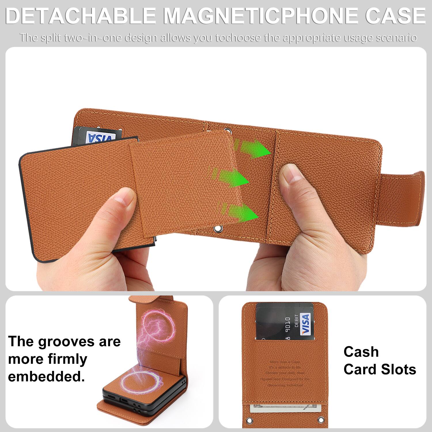 DETACHABLE MAGNETIC PHONE CASE  
The split two-in-one design allows you to choose the appropriate usage scenario.

The grooves are more firmly embedded.

Cash Card Slots