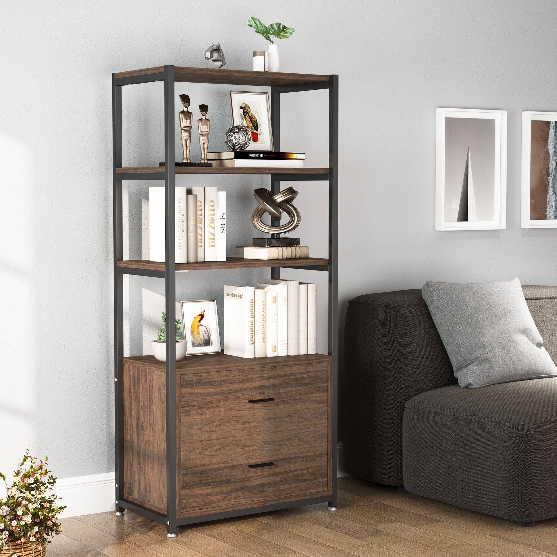 Tribesigns Bookshelf with Engineered Wood Construction, Metal Legs and ...