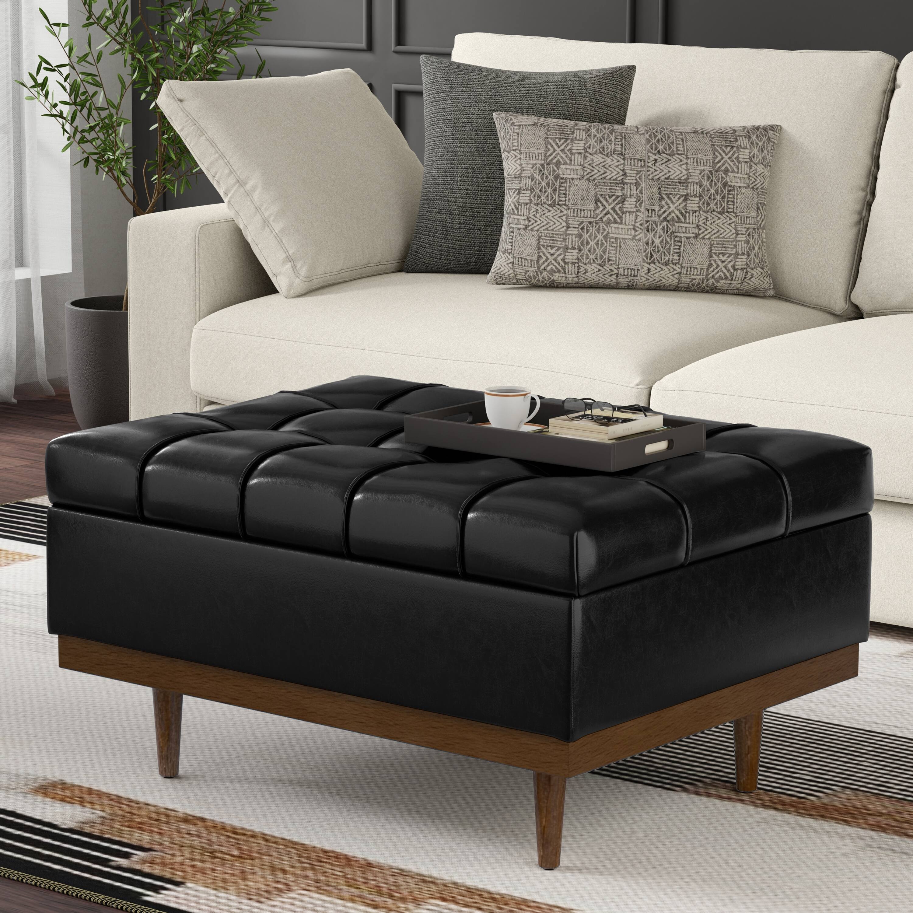 Angle. Simpli Home - Mariah 34 inch Contemporary Rectangle Coffee Table Storage Ottoman in Midnight Black  PU Black faux leather, Assembled - Midnight Black.