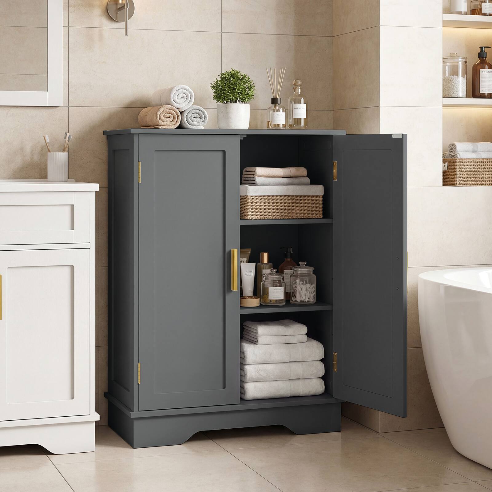 Alt View 1. Costway - Costway Floor Storage Cabinet Modern Storage Organizer with Adjustable Shelves &2 Doors - Gray.
