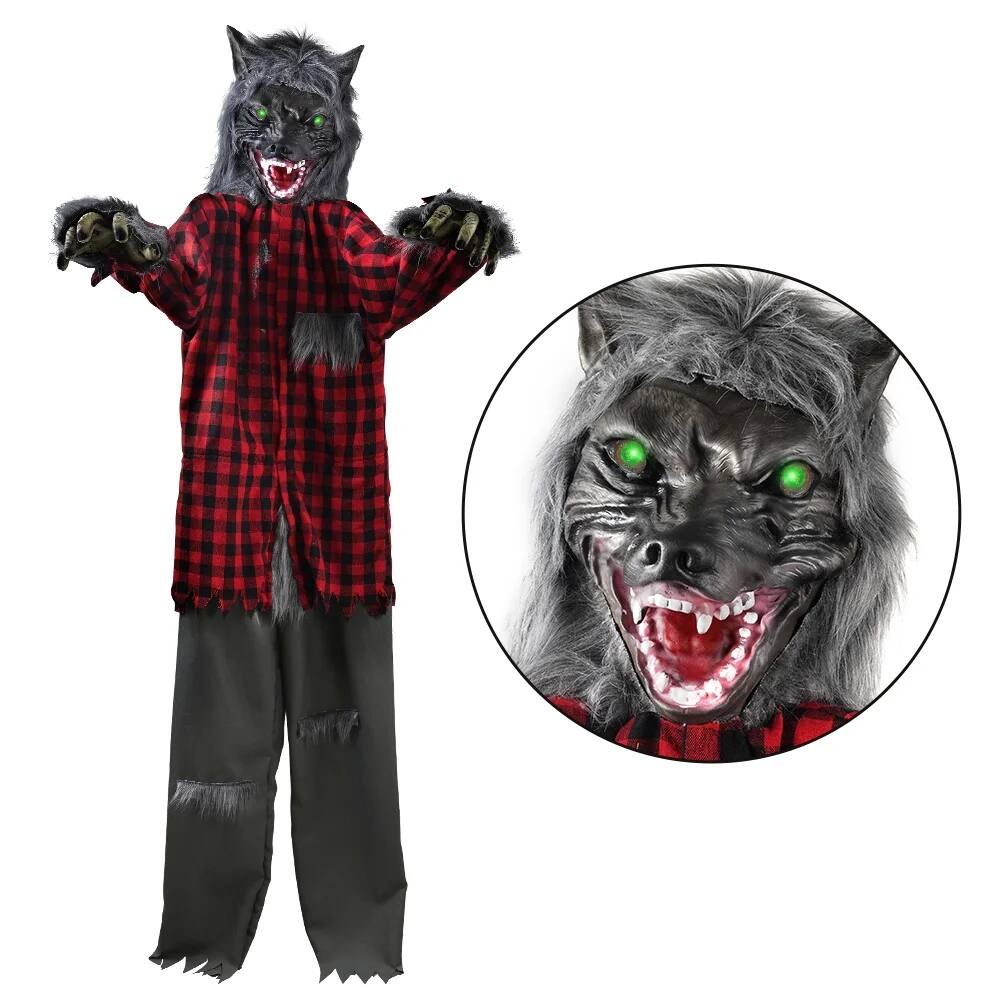 Front. MOVSSOU - 6Ft Standing Werewolf Large Scary Halloween Decorations with LED Eyes & Sound(Battery Not Included) - grey, red, green.