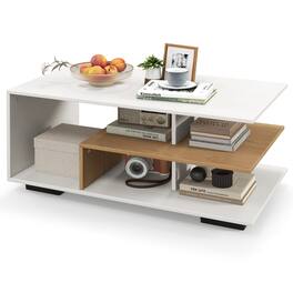 Gymax - Geometric Coffee Table w/ Storage Shelves 3-Tier Rectangular Tea Table Natural White - Natural, White