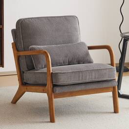 Winado - Upgraded Corduroy Upholstered Solid Wood Reading Arm Accent Chair with Lumbar Pillow for Living Room Bedroom Guest Room - Light Gray